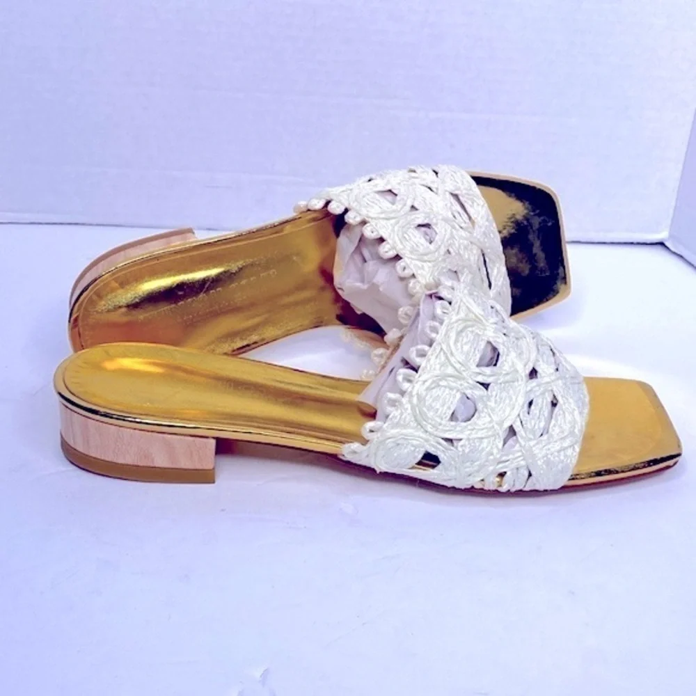 THINGS II COME Women's Tavita Slide Wood Heel Straw Flat Sandals Size 8